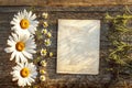 Craft paper on a wooden background with large and small daisies Royalty Free Stock Photo