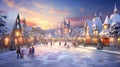 Craft a picturesque snowy village square with an ice-skating rink, twinkling lights, and laughter echoing through the air