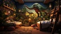 Craft a playful and educational bedroom for kids with a 3D background view of an ancient dinosaur world, sparking their curiosity