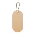 Craft price tag on string. Blank kraft paper label hanging on cord, thread. Bio cardboard beige badge mockup for eco Royalty Free Stock Photo