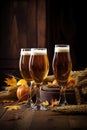 Craft pumpkin ale. Autumn beer in a glass on a wooden table and orange pumpkins Royalty Free Stock Photo