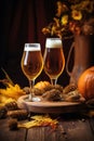 Craft pumpkin ale. Autumn beer in a glass on a wooden table and orange pumpkins Royalty Free Stock Photo