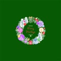 Craft retro greeting Christmas card with paper cutting wreath with baubles, jingle bell, gingerbread, angel, deer and snowflakes