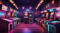 Craft a retro 1980s-inspired arcade with neon lights, arcade cabinets, and gamers immersed in classic video games