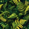 Craft a seamless organic pattern that captures the intricate textures of sunlit ferns in a shaded forest. AI Generated