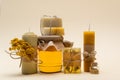 Craft soap and candles near jar Royalty Free Stock Photo