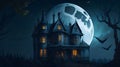 Halloween Day, a haunted mansion and moon scary vibe, witch and bats are flying and image gives a horror feeling