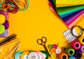 Craft supplies for creative handmade, top view frame Royalty Free Stock Photo