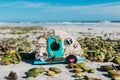 Homemade crafty travel trailer on sunny New Smyrna Beach, Florida Royalty Free Stock Photo