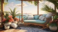 Craft a tropical paradise-inspired lounge with a 3D background view of a serene island getaway, featuring a stylish sofa and