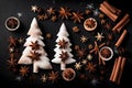 Craft a unique Christmas scene with a Christmas tree made from flour, set against a stylish black background. Enhance the visual