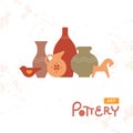 Craft vases pottery of clay. Handmade Clay Pottery Workshop. Artisanal Creative Craft Sign Concept.