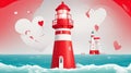 Craft a vector illustration of a white and red lighthouse beaming love across the sea Royalty Free Stock Photo