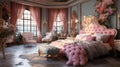 Craft a visual masterpiece of a luxurious, colorful bedroom filled with exquisite details