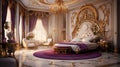 Craft a visual masterpiece of a luxurious, colorful bedroom filled with exquisite details