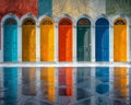 Craft a visually stunning panorama showcasing a variety of doors as portals to alternate realities Use vibrant colors and