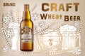 Craft wheat beer ads design. Realistic malt bottle beer isolated on retro background with ingredients wheats, hops and Royalty Free Stock Photo