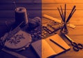 Craft workspace with various tools displayed on a wooden table Royalty Free Stock Photo