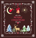 Craft Xmas chocolate color greeting card with winter landscape, golden reindeer, crescent, Christmas star and hanging jingle bell