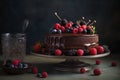 A decadent vegan chocolate cake layered with rich ganache and adorned with fresh berries.Â 