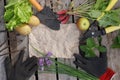 Crafted crumpled paper for your text with garden tools and a summer crop around, top view