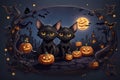 Couble cute Black Cats and Bats in Halloween with many the star