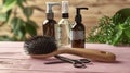 Crafting Beauty - Hairbrush, scissors and shampoo. Hair care and styling background Royalty Free Stock Photo