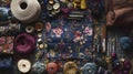 Crafting dreams a vibrant sewing kit spread with threads fabrics and buttons on a rustic tabletop Royalty Free Stock Photo