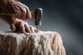 Crafting hands hammer a chisel into weathered wood. Symbolizes skill, tradition, and hard work. Great for construction, DIY, Royalty Free Stock Photo