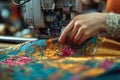 Crafting intricate patterns on fabric during a daytime sewing session in a vibrant workshop filled with colorful textiles and Royalty Free Stock Photo