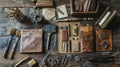 Crafting leather tools and patterns for beginners workshop space instructional artisan environment close-up view Royalty Free Stock Photo