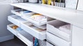 A crafting station with scissors glue and papers stored in pull-out trays.