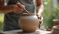Crafting stoneware vessel using handbuilding pottery techniques and sculpting tools. Modern ceramist shapes clay with skill. Royalty Free Stock Photo