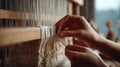 Crafting Textiles by Hand at a Weaving Loom in a Serene Workshop During the Afternoon Light Royalty Free Stock Photo