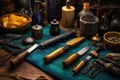 crafting tools arranged next to a half-finished knife