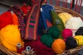 Crafts. Basket with colored woolen threads and hand-woven belt.