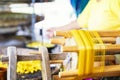 Crafts and craftsmanship. Silk raising for silk threads. yarn warping machine in a textile weaving crafsmanship. Hand of woman