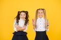 Crafts for elementary school kids. Schoolgirls classmates hold school stationery supplies for crafts. Creative crafts