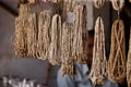 Crafts for sale. Handcrafted wooden beads for sale in an Indian market.