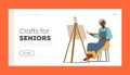Crafts for Seniors Landing Page Template. Old Woman Artist Hold Paintbrush in Hand in Front of Canvas on Easel Drawing Royalty Free Stock Photo
