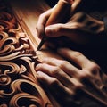 Craftsman carpenter carves ornate details in woodwork Royalty Free Stock Photo