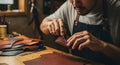 Craftsman Hand Sewing Leather Wallet in Workshop with Needle and Thread Royalty Free Stock Photo