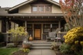 craftsman house exterior with front porch, wooden swing and lantern, and blooming flowers