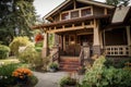 craftsman house exterior with front porch, wooden swing and lantern, and blooming flowers