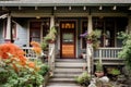 craftsman house exterior with front porch, wooden swing and lantern, and blooming flowers