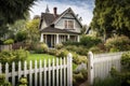 craftsman house exterior with white picket fence and lush garden Royalty Free Stock Photo