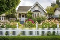 craftsman house exterior with white picket fence and lush garden Royalty Free Stock Photo