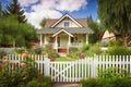 craftsman house exterior with white picket fence and lush garden Royalty Free Stock Photo