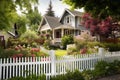 craftsman house exterior with white picket fence and lush garden Royalty Free Stock Photo