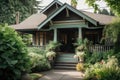 craftsman house with front porch and rocking chair, surrounded by lush greenery Royalty Free Stock Photo